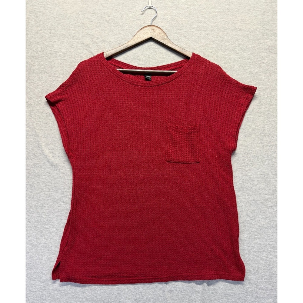 Perout Blouse Top Womens XL Red Waffle Knit Side Slits Crew Neck‎ Cap Sleeves